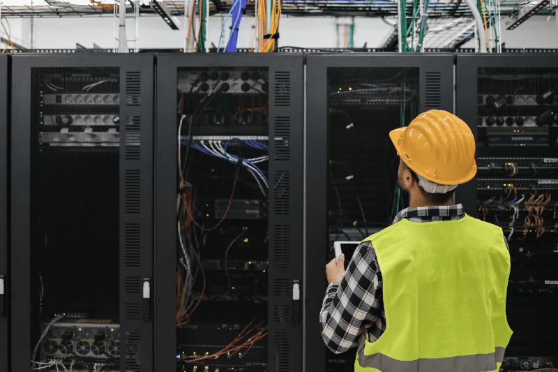 engineer examines wires from a rack