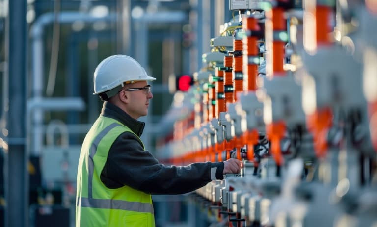 Field worker next to gas insulated switchgear