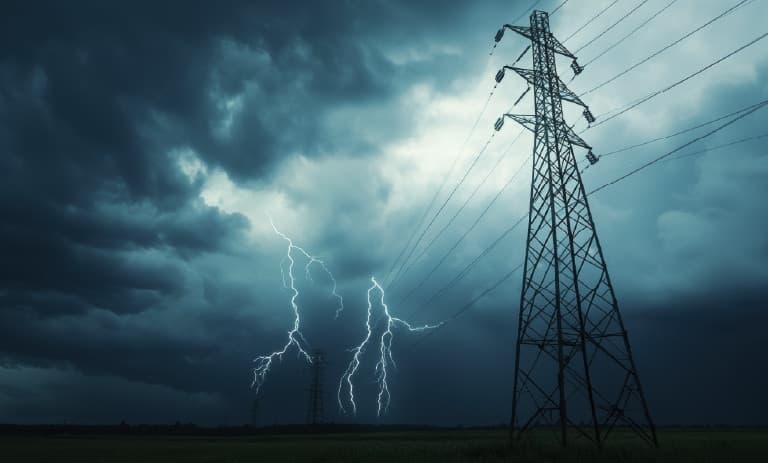 Power lines during lightning storm