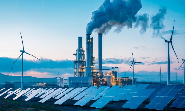 Renewable energy plant at sunset