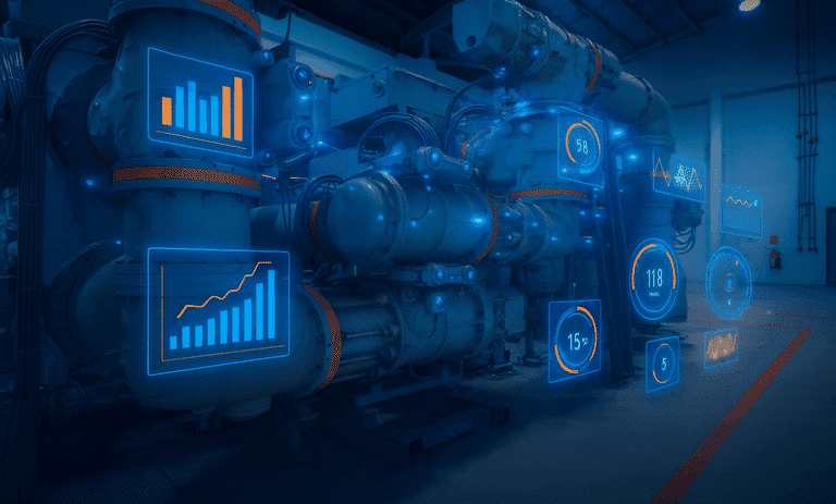 Gas-insulated switchgear with digital overlays showing sensor readings and graphs in an industrial facility