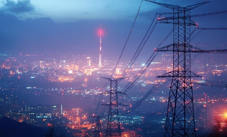 Power lines going into cityscape at night