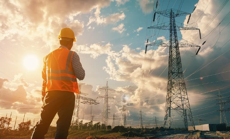 Field worker looking at power lines at sunset