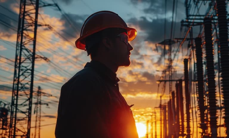 Field worker at substation at sunset