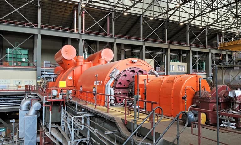 Coal or gas-powered steam turbine unit for electricity generation.