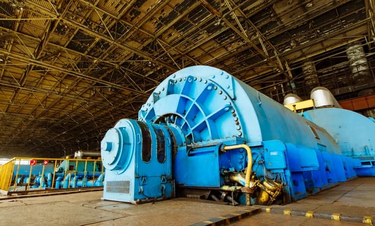 Interior of Turbine generator in a big power plant. Hydroelectric power plant.
