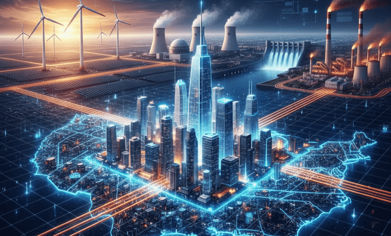 Smart city power grid with renewable and traditional energy plants